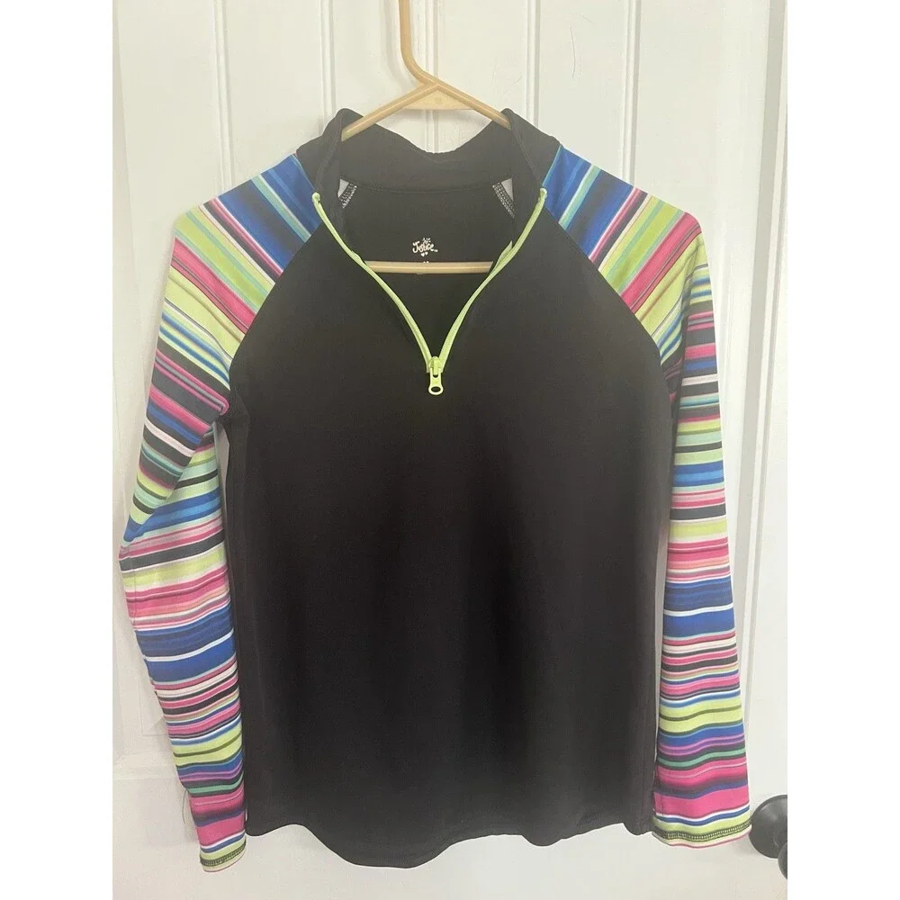 Justice Girls Size 10 1/4 Zip Athletic Pullover Black Multicolored Stripe Active